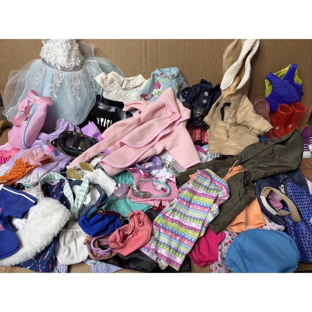 80 + LOT OF Assorted clothes for different dolls Shoes Coat Dress Bag Pants